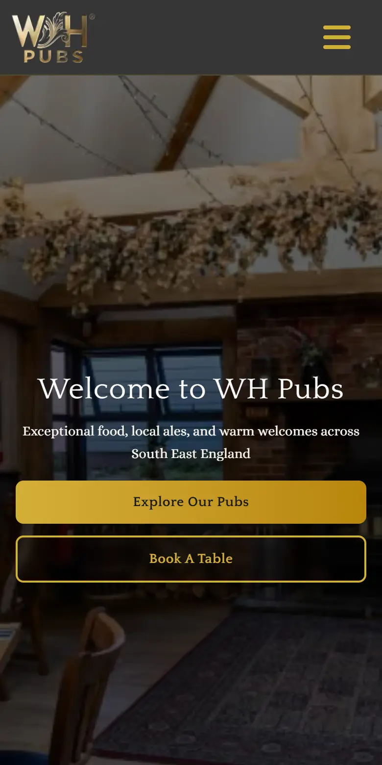The top of the WH Pubs website on a phone